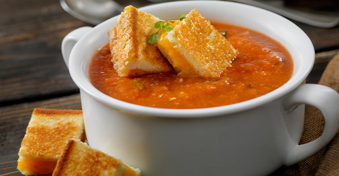 tomato soup with bit sized grilled cheese